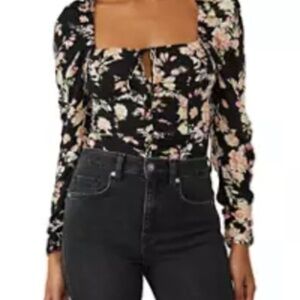 Free People Large Hilary Print Keyhole Neck Top Black NWT